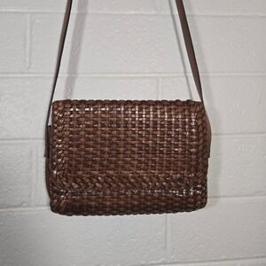 Vtg Talbots Woven Leather Crossbody Shoulder Bag Snap Boho Minimalist Brown
